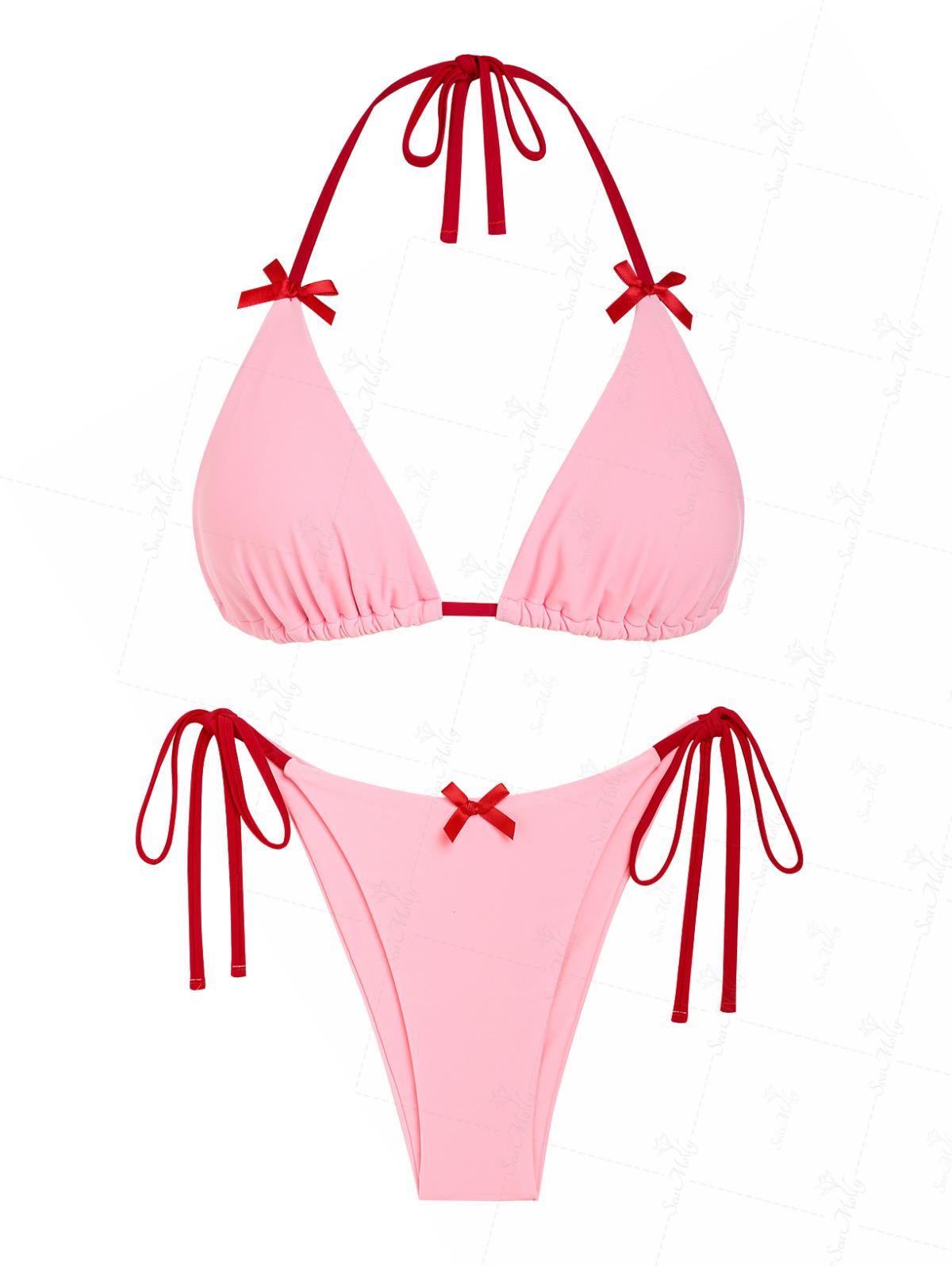 Seamolly Leopard Contrast Color Bowknot Halter Triangle Tie Side Bikini Set