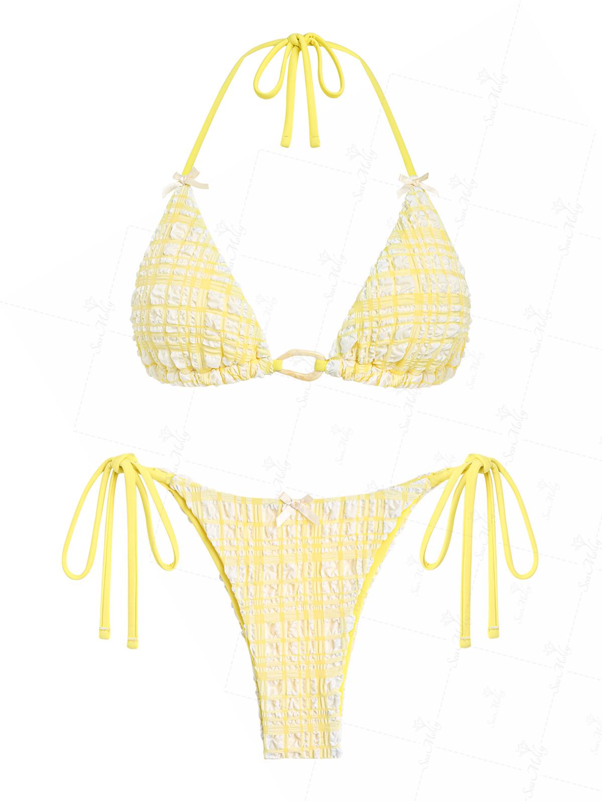 Seamolly Gingham Textured Bowknot Cinched Underwire Bikini Set