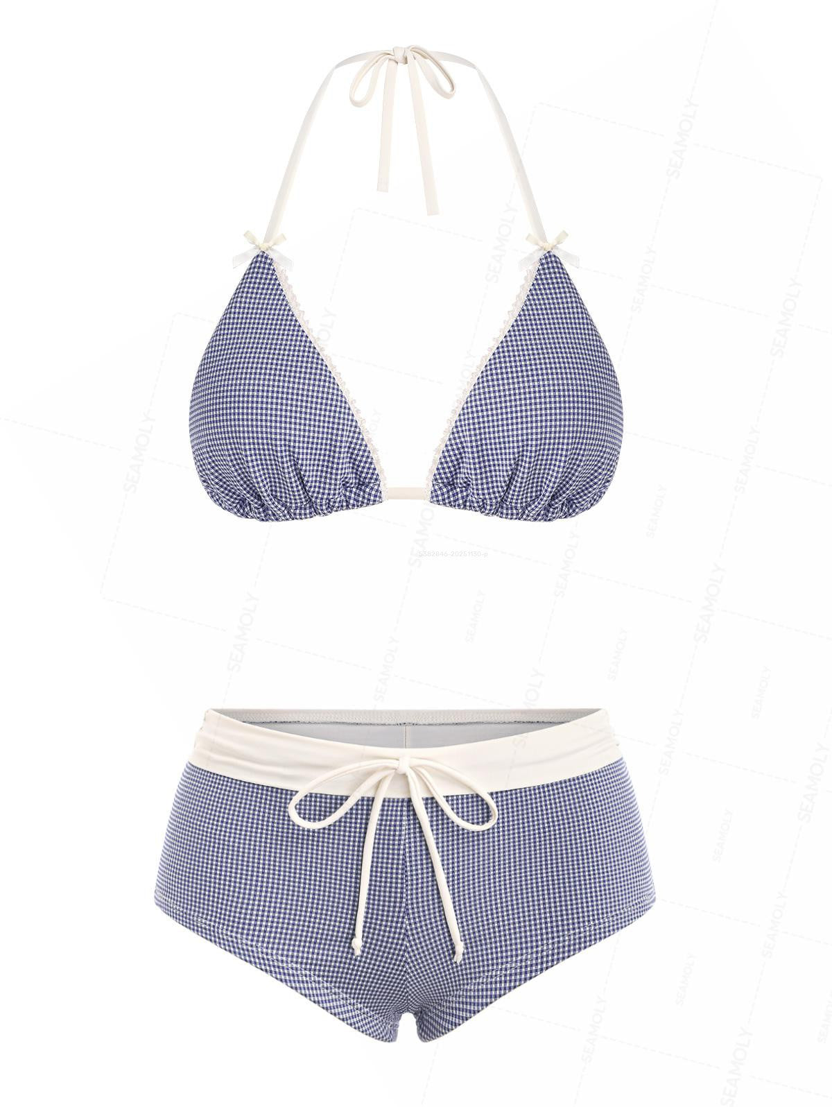 Seamolly Gingham Textured Bowknot Bralette Boyshorts Bikini Set