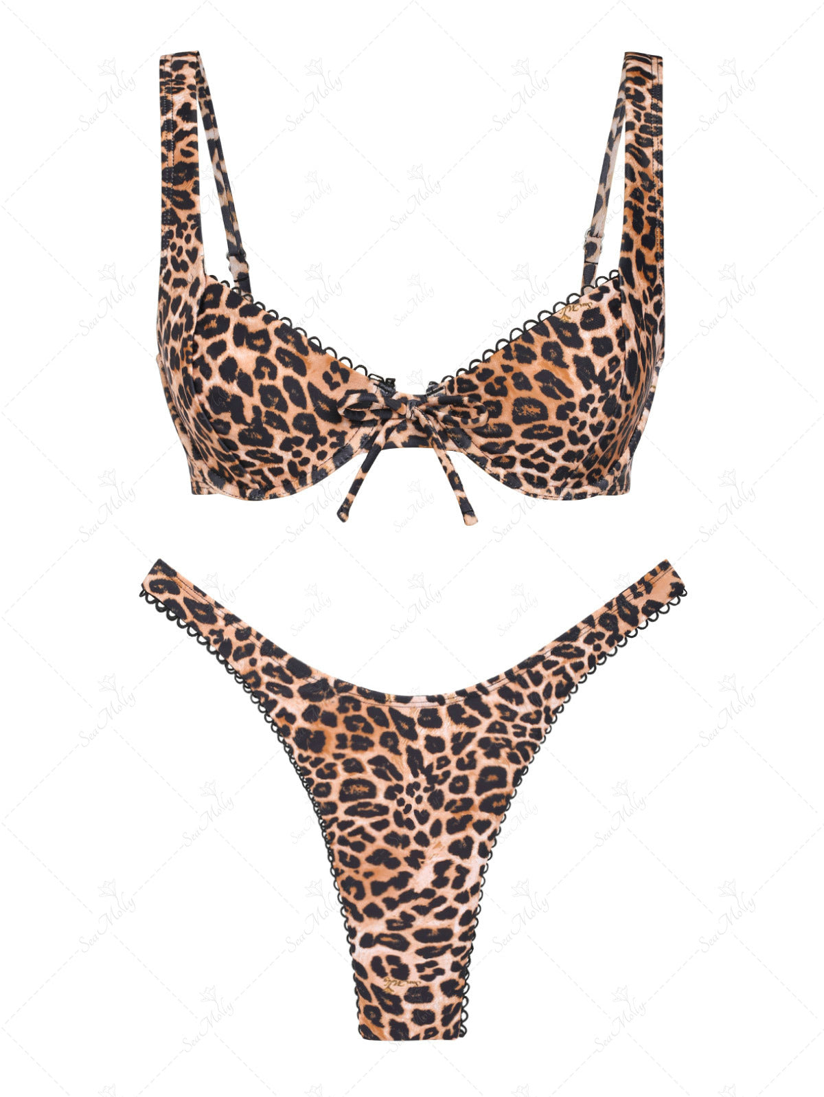 Seamolly Leopard Picot Trim Bowknot Decor Underwire High Leg Bikini Set main image 0