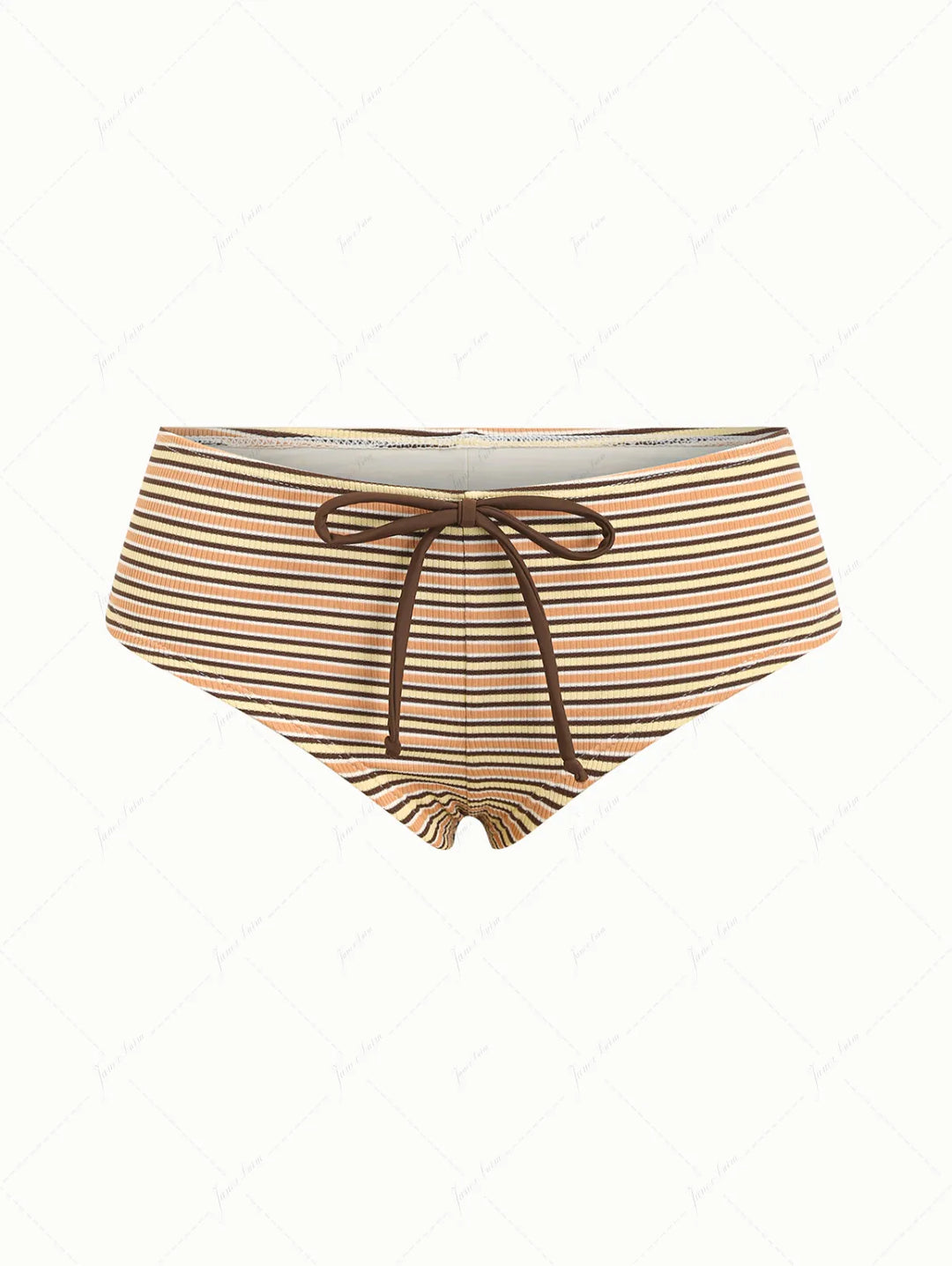 Yellow Ribbed Knit Striped Bowknot Bikini Bottom Cheeky Swim Boyshorts