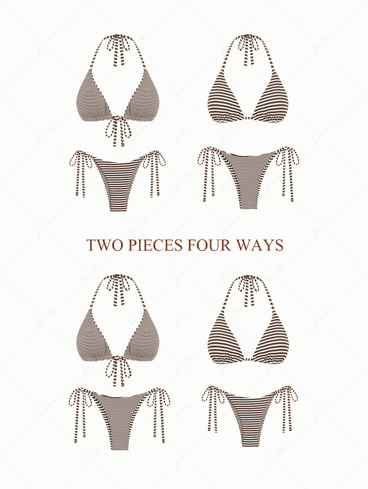 Brown Knit Striped Halter Triangle String Reversible Bikini Set
