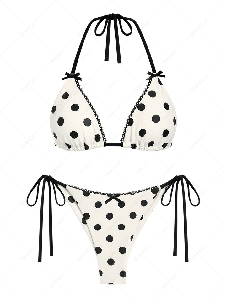 Seamolly 3 Piece Polka Dot Picot Trim Triangle Brazilian Cheeky Boyshort Bikini Set