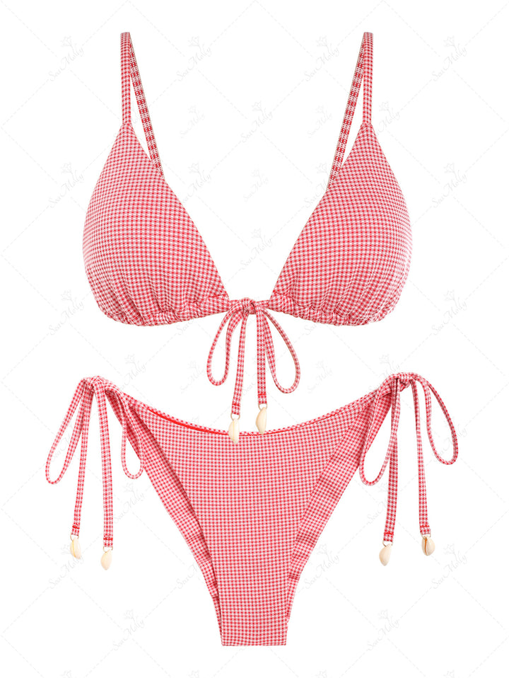 Seamolly Gingham Shell Decor Triangle Tops & Tie Side Brazilian bottom Bikini Set