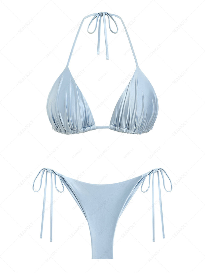 Seamolly Satin Ruched Halter Triangle Top & Cheeky Brazilian Bottom Bikini Set