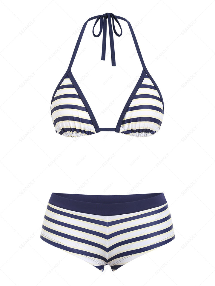 Seamolly Striped Contrast Binding Cheeky Boyshorts Bikini Set