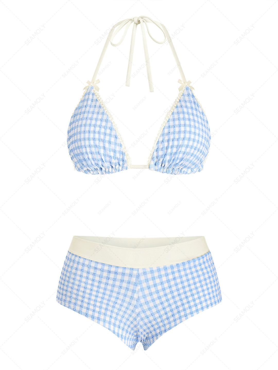 Seamolly Gingham Textured Lace Bowknot Boyshorts Bikini Set