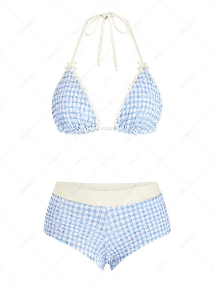 Seamolly Gingham Textured Lace Bowknot Boyshorts Bikini Set