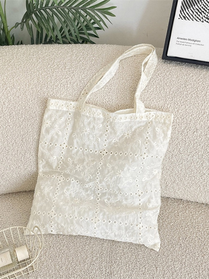 French Checkered Eyelet Floral Embroidery Shoulder Bag