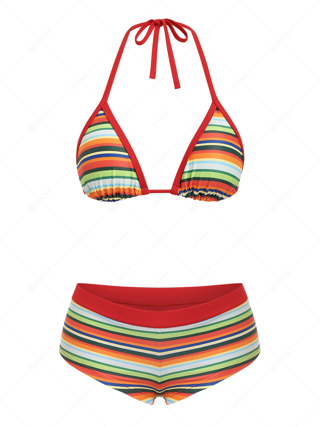 Seamolly Rainbow Striped Contrast Binding Halter Triangle Cheeky Boyshorts Bikini Set
