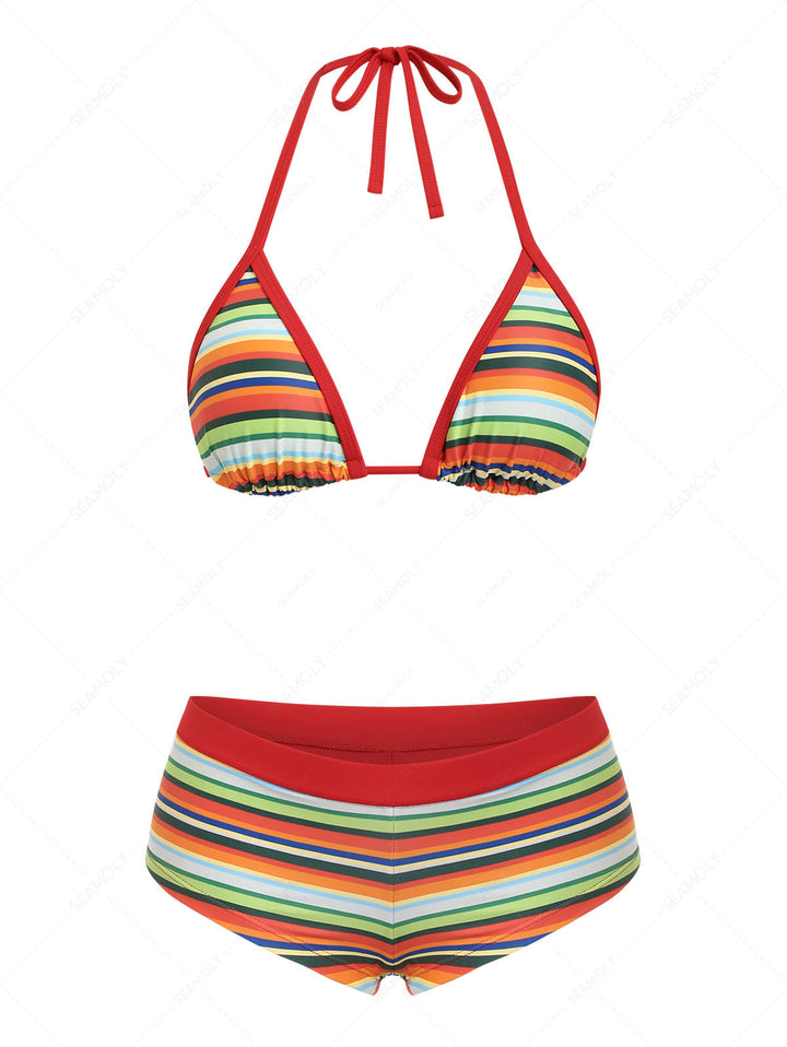 Seamolly Rainbow Striped Contrast Binding Halter Triangle Cheeky Boyshorts Bikini Set