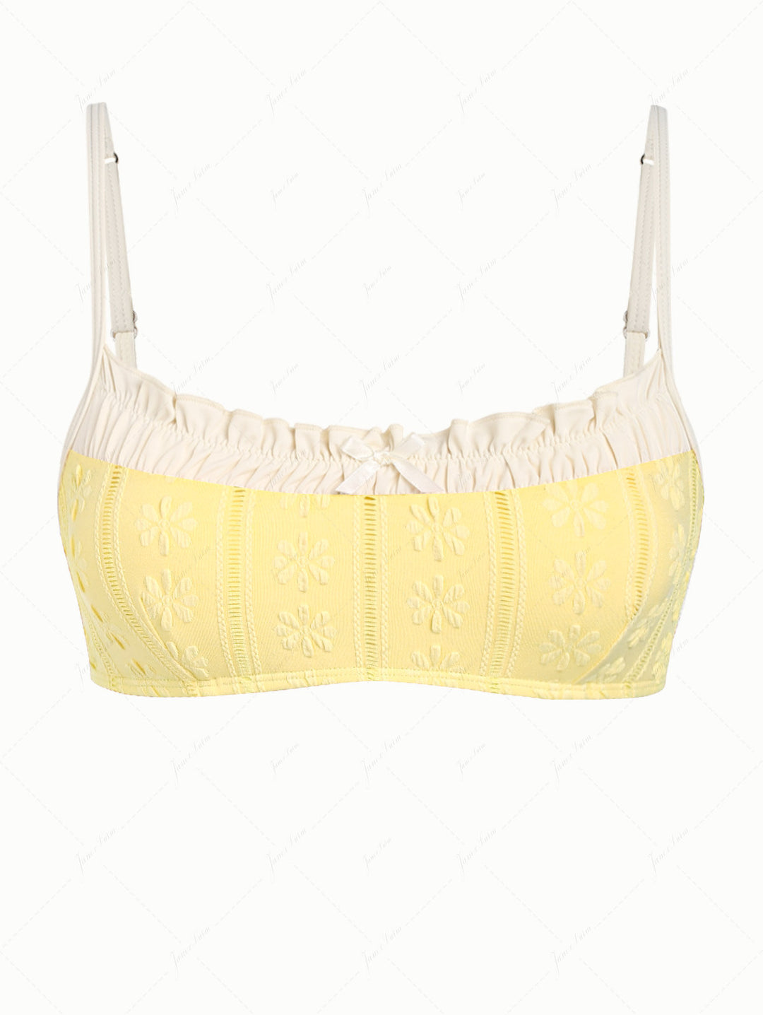 Yellow Floral Jacquard Textured Bowknot Bikini Top