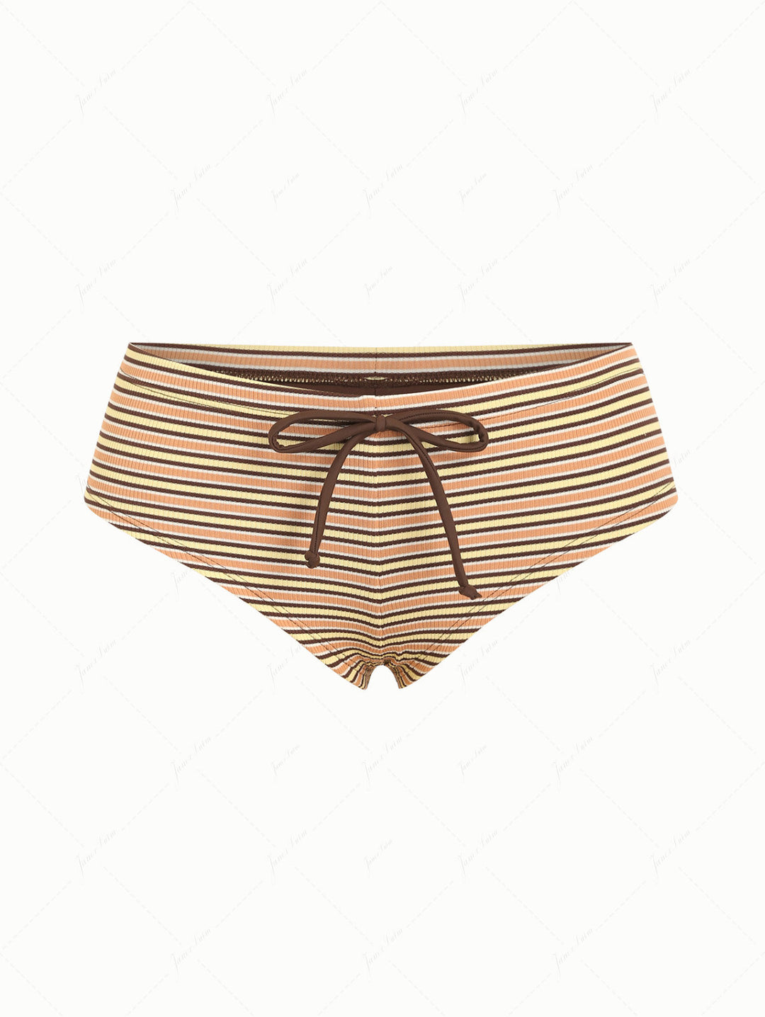 Yellow Ribbed Knit Striped Bowknot Bikini Bottom Cheeky Swim Boyshorts
