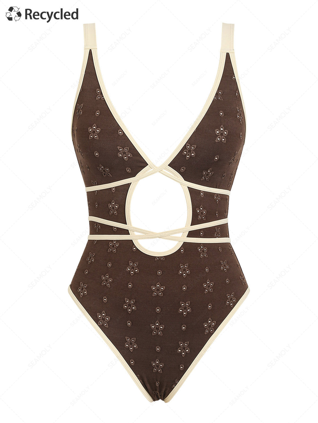 Seamolly Recycled Fabric Jacquard Tie Around Deep V Neck One-piece Swimsuit