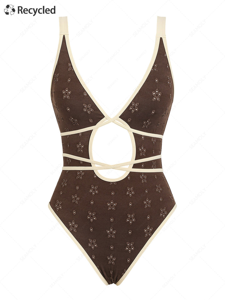 Seamolly Recycled Fabric Jacquard Tie Around Deep V Neck One-piece Swimsuit