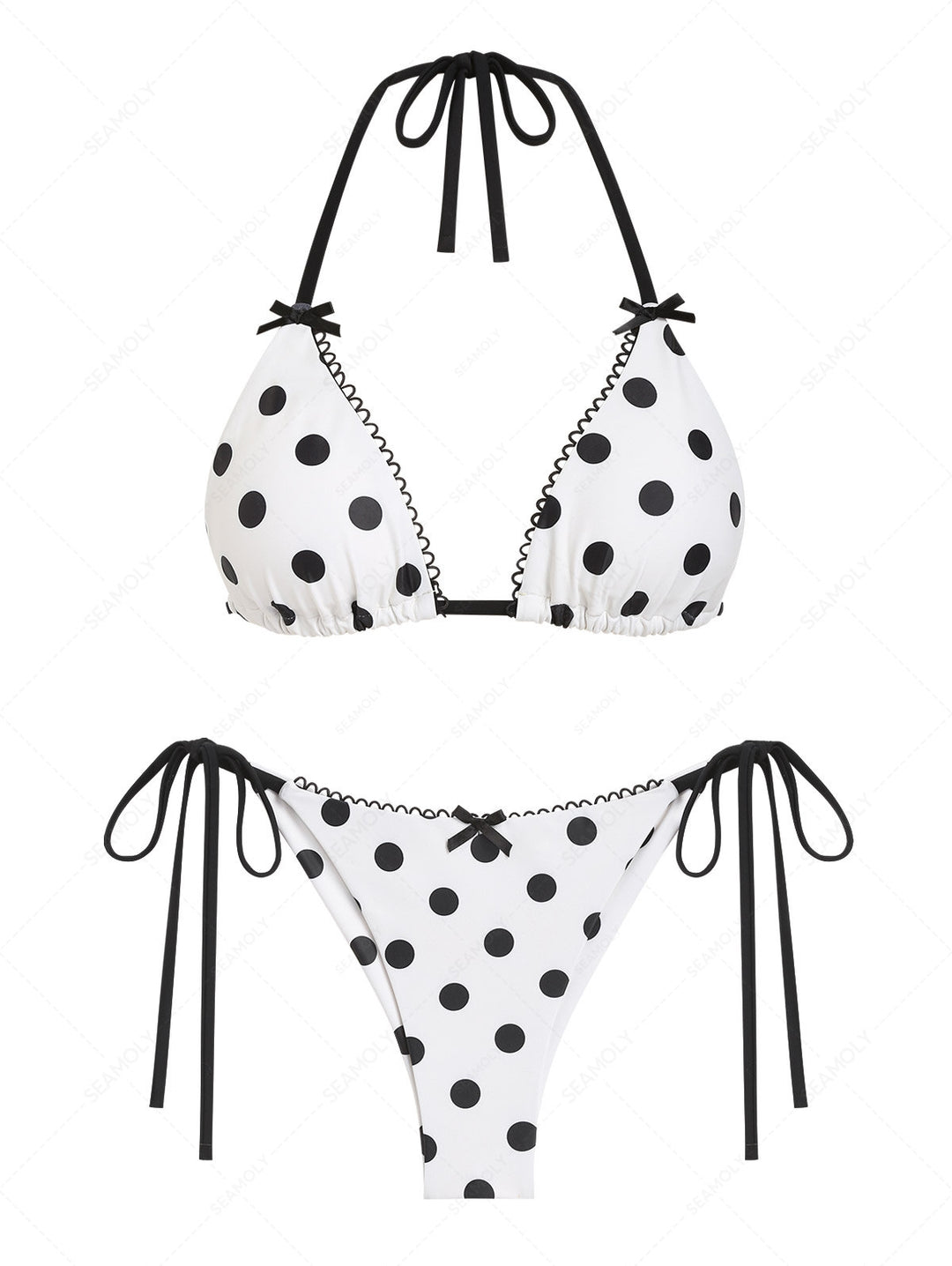Seamolly Polka Dot Picot Bowknot Triangle Top & Cheeky Brazilian Bottom Bikini Set