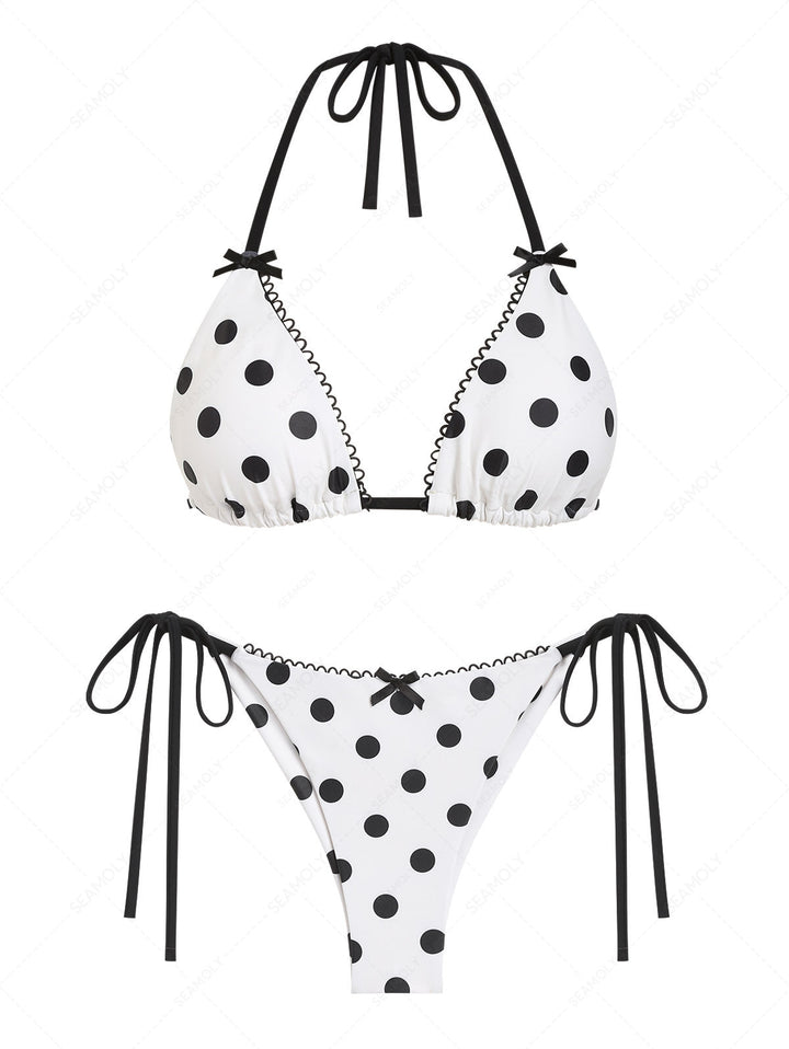 Seamolly Polka Dot Picot Bowknot Triangle Top & Cheeky Brazilian Bottom Bikini Set