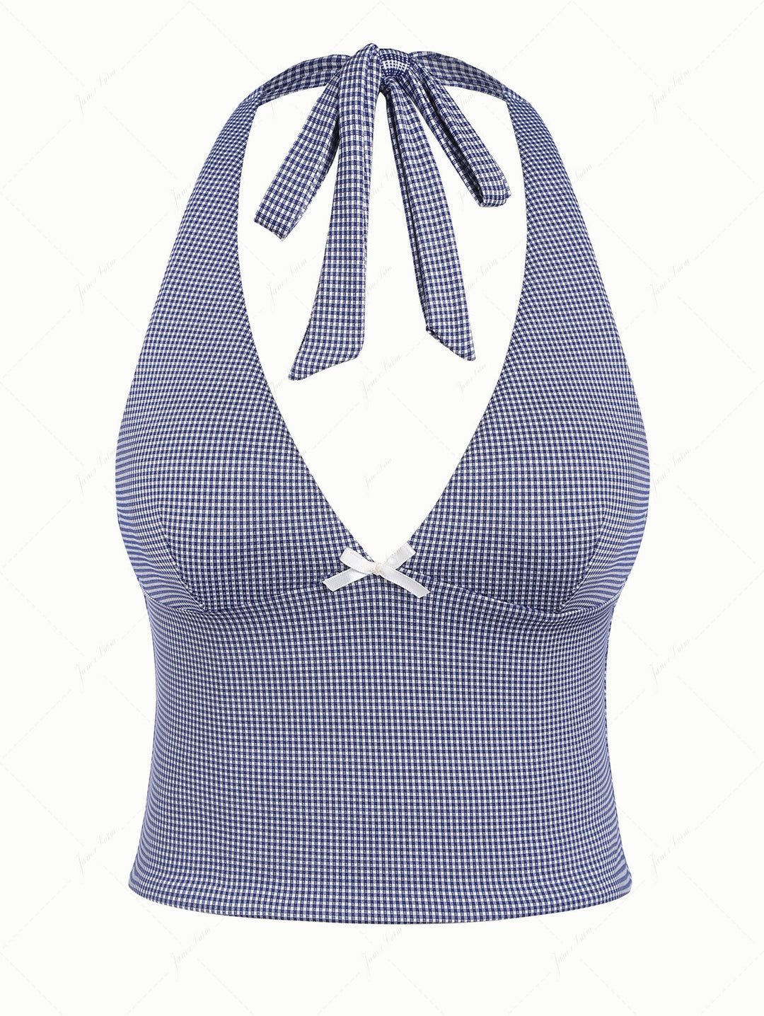 Deep Blue Vintage Plaid V-neck Halter Tied Bikini Tankini Top