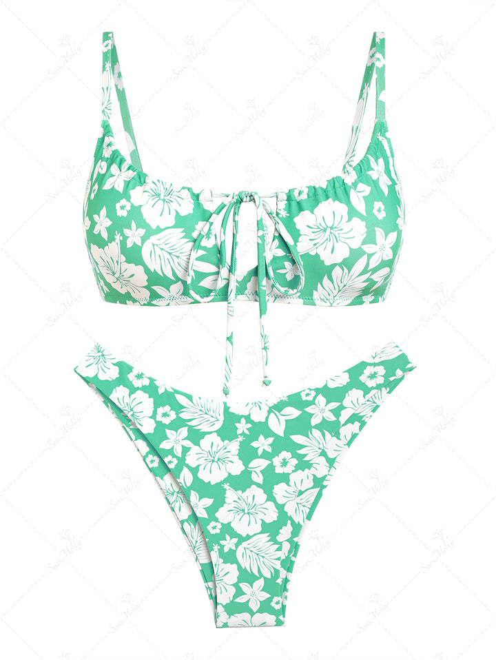 Seamolly Floral Print Drawstring Tied Front Cheeky Bikini Set