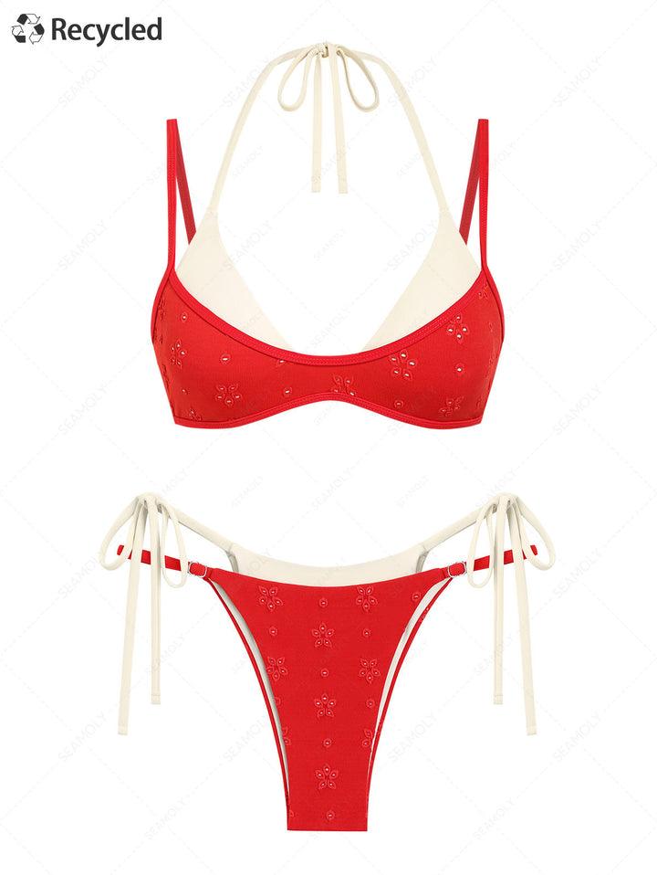 Seamolly 3 Piece Recycled Fabric Jacquard String Double Layer Cheeky Boyshort Bikini Set