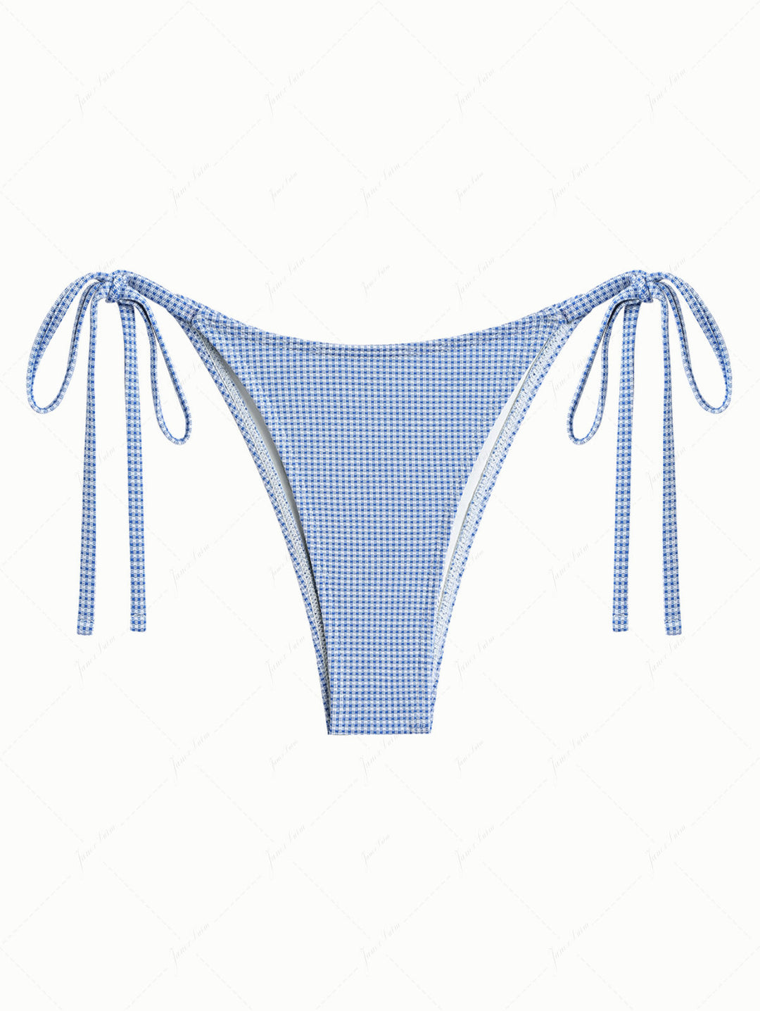 Blue Knitted Plaid Fabric Tie Side String Bikini Bottom
