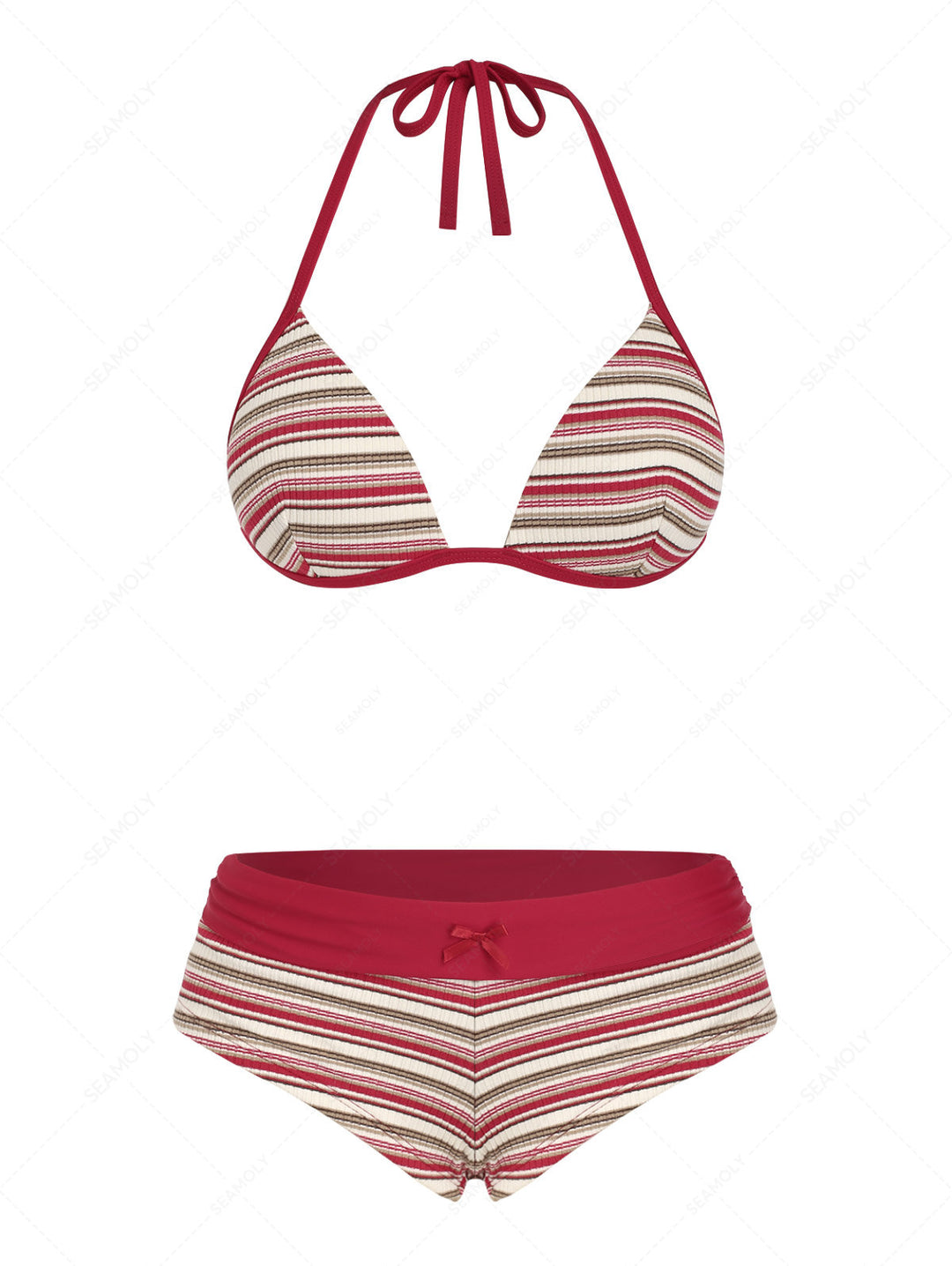 Seamolly Y2K Striped Ribbed Push Up Top & Fold Over Cheeky Boyshorts Bikini Set