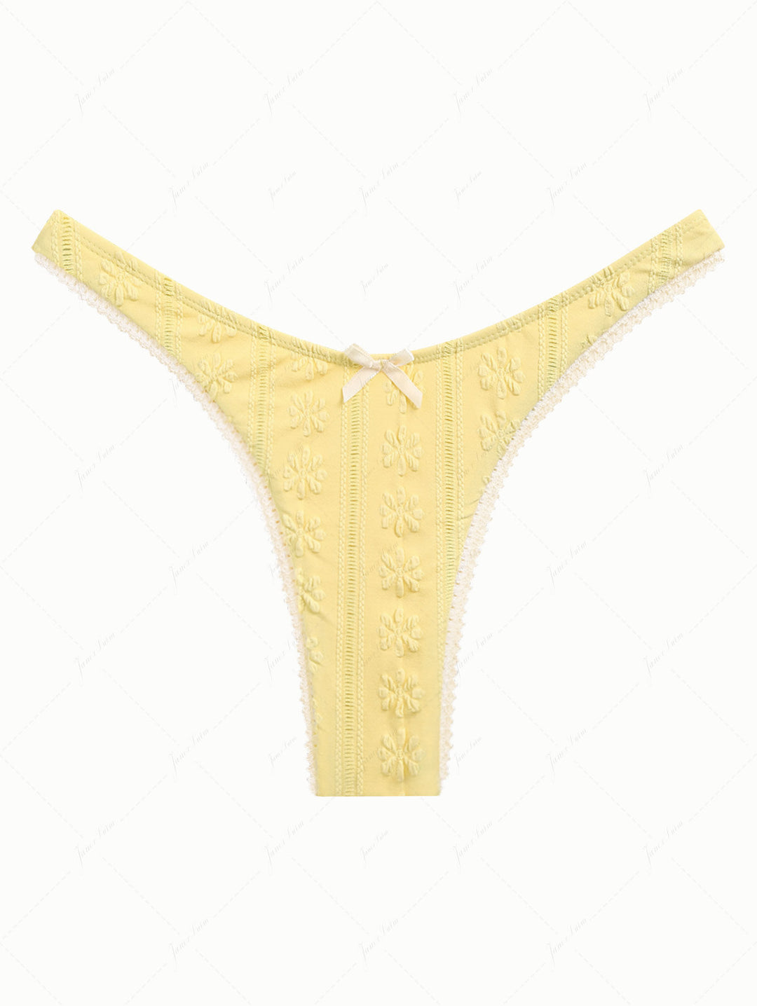 Yellow Floral Jacquard Textured Lace Bowknot Cheeky Bikini Bottom