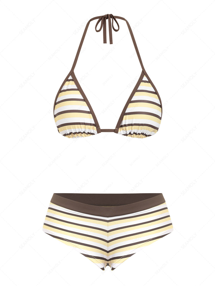 Seamolly Striped Contrast Binding Triangle Cheeky Boyshorts Bikini Set