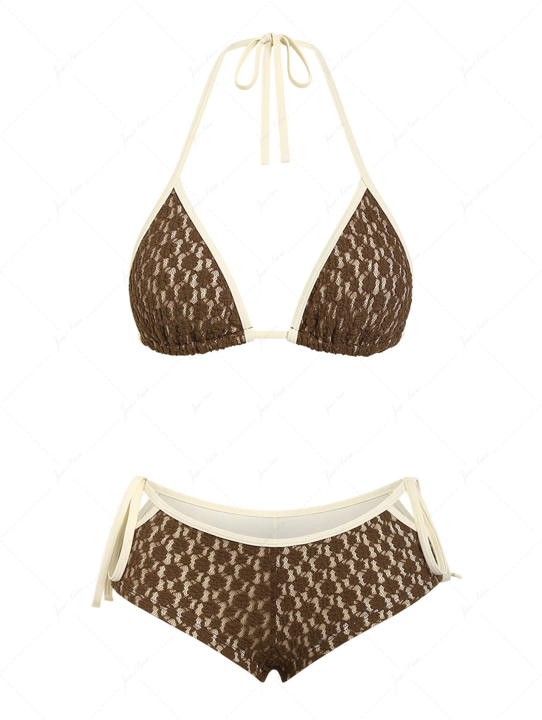 Seamolly Lace Contrast Binding Cutout Tied Cheeky Boyshorts Bikini Set