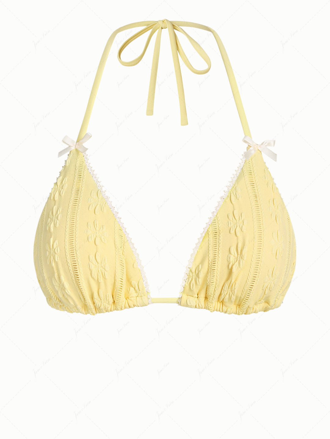 Yellow Floral Jacquard Textured Lace Bowknot Triangle Bikini Top
