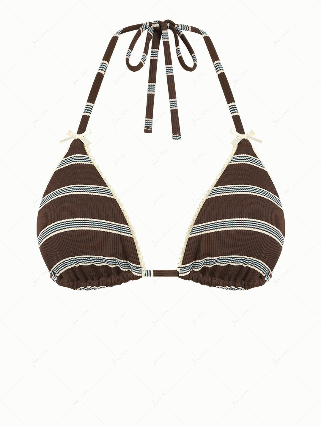 Deep Coffee Striped Lace Bowknot Halter Triangle Bikini Top