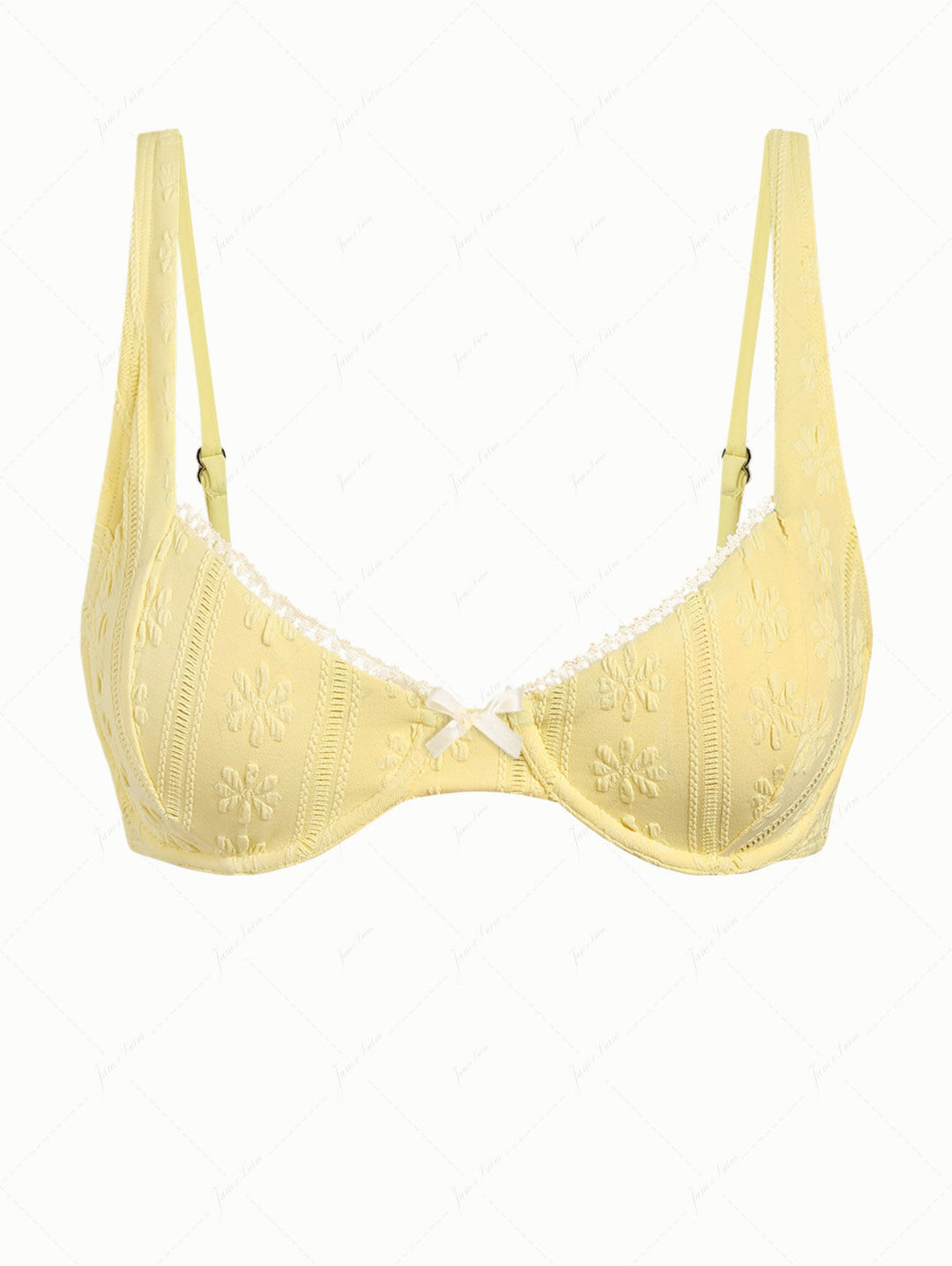 Yellow Jacquard Textured Lace Bowknot Underwire Bikini Top
