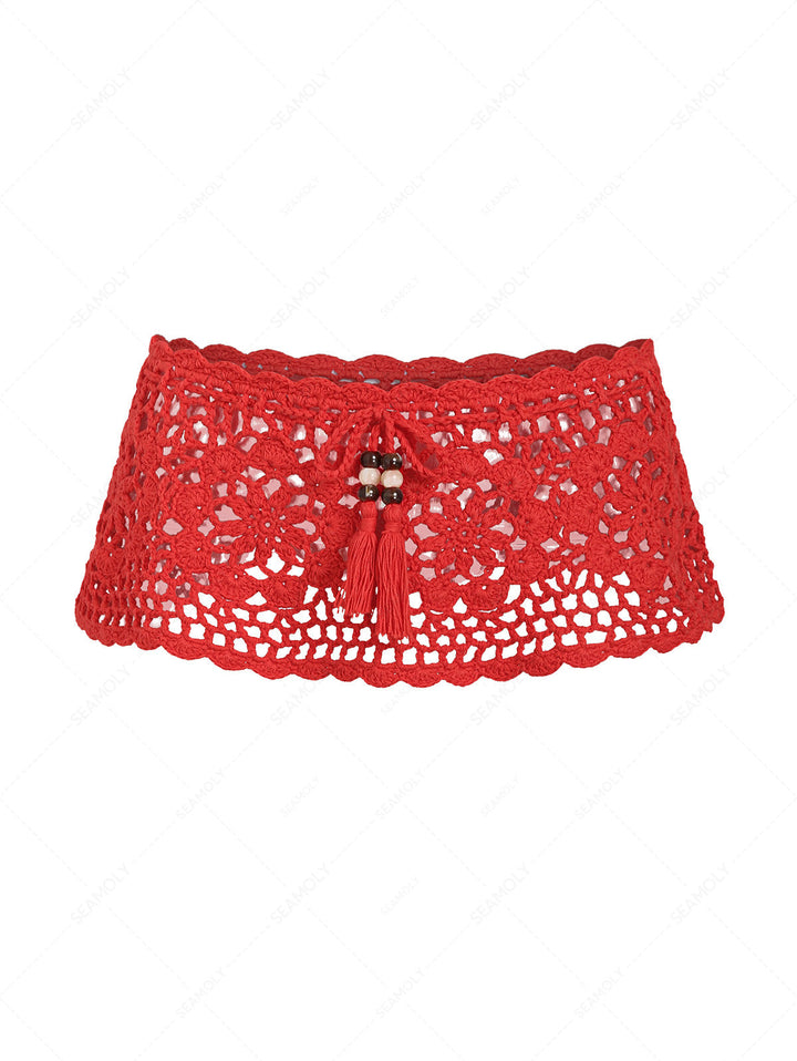 Floral Crochet Scalloped Trim Tie Front Mini Cover Up Skirt