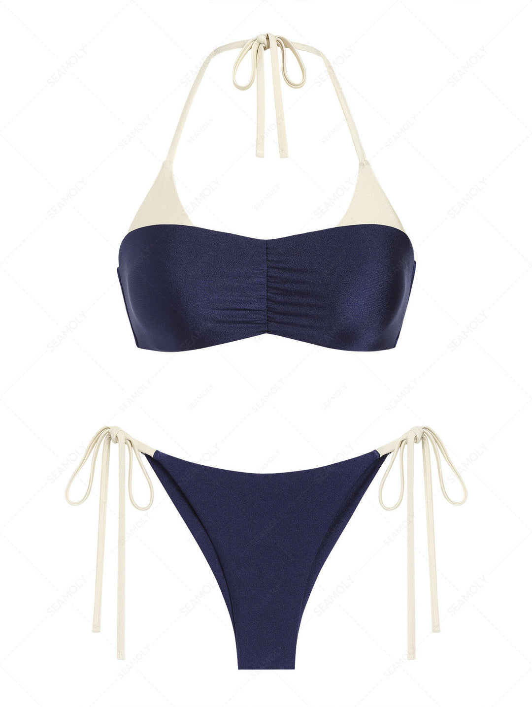 Seamolly Color Spliced Ruched Halter Top & Cheeky Brazilian Bottom Bikini Set