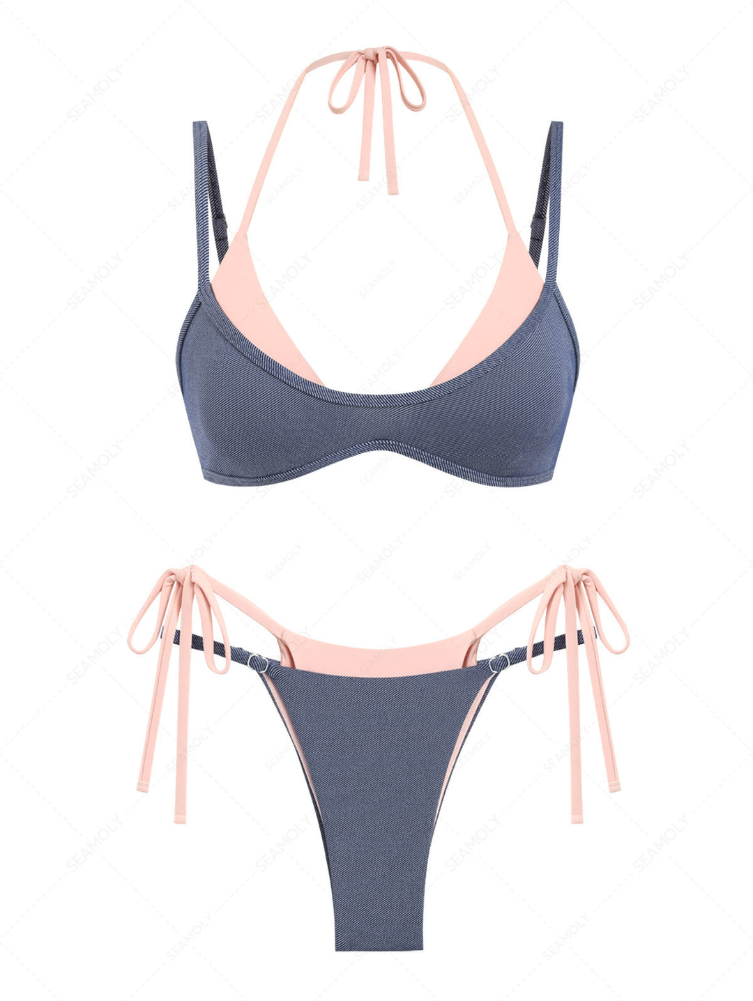 Seamolly Denim Contrast Color Tie Side Double Layer Bikini Set