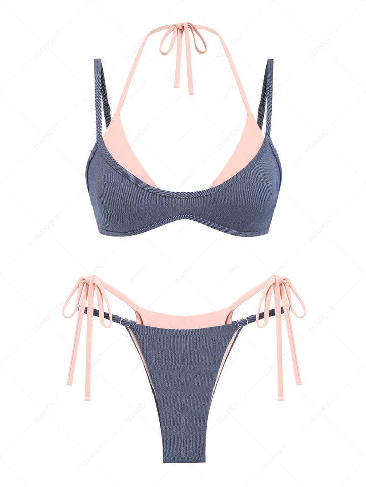 Seamolly Denim Contrast Color Tie Side Double Layer Bikini Set