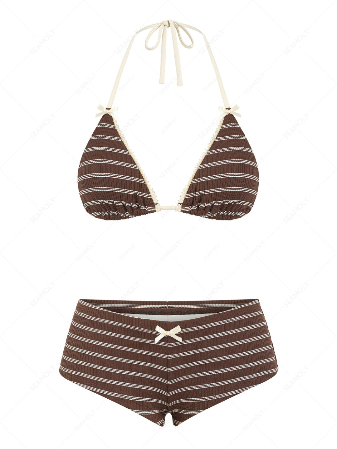 Seamolly Ribbed Striped Lace Bowknot Triangle Cheeky Boyshorts Bikini Set