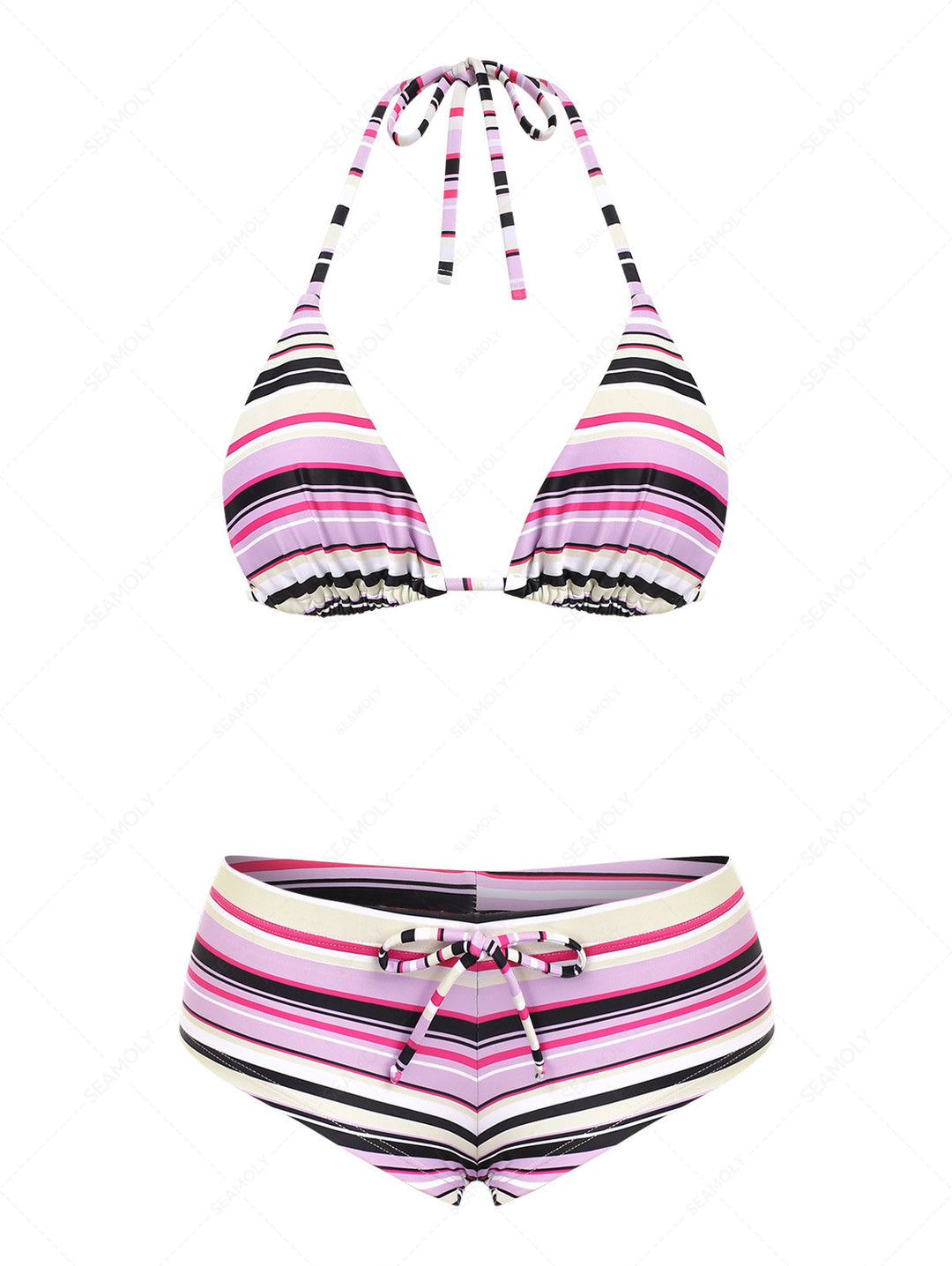 Seamolly Striped Bowknot Halter Triangle Boyshorts Bikini Set