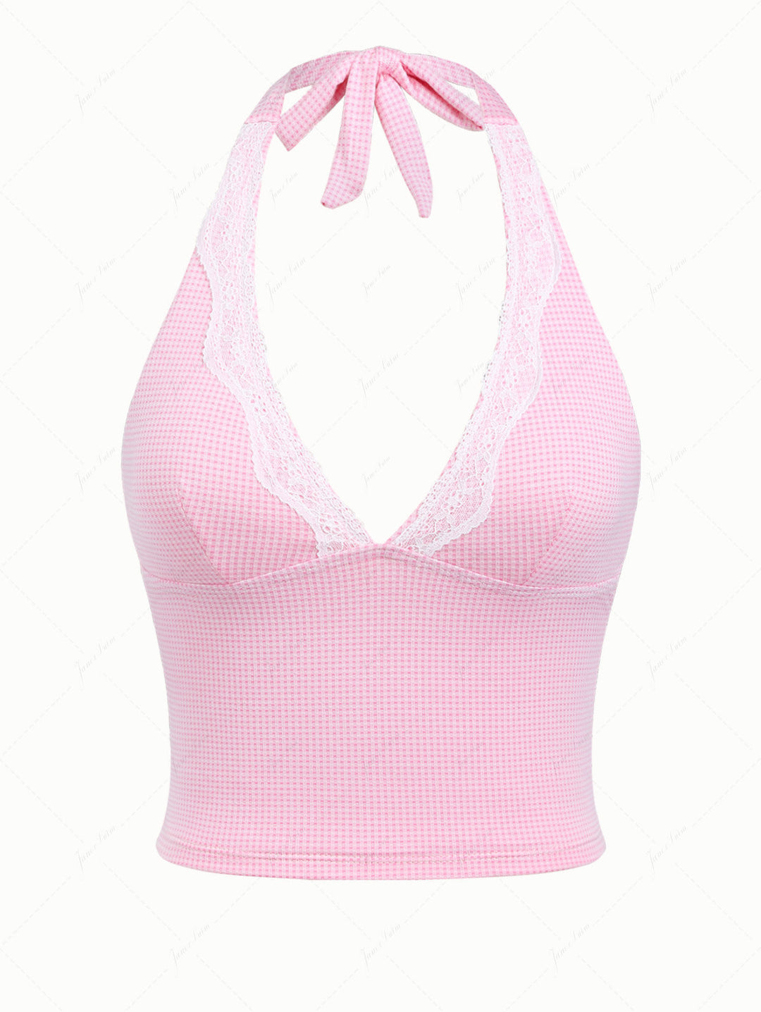 Light Pink Knitted Plaid Lace Plunging Neck Halter Tankini Top