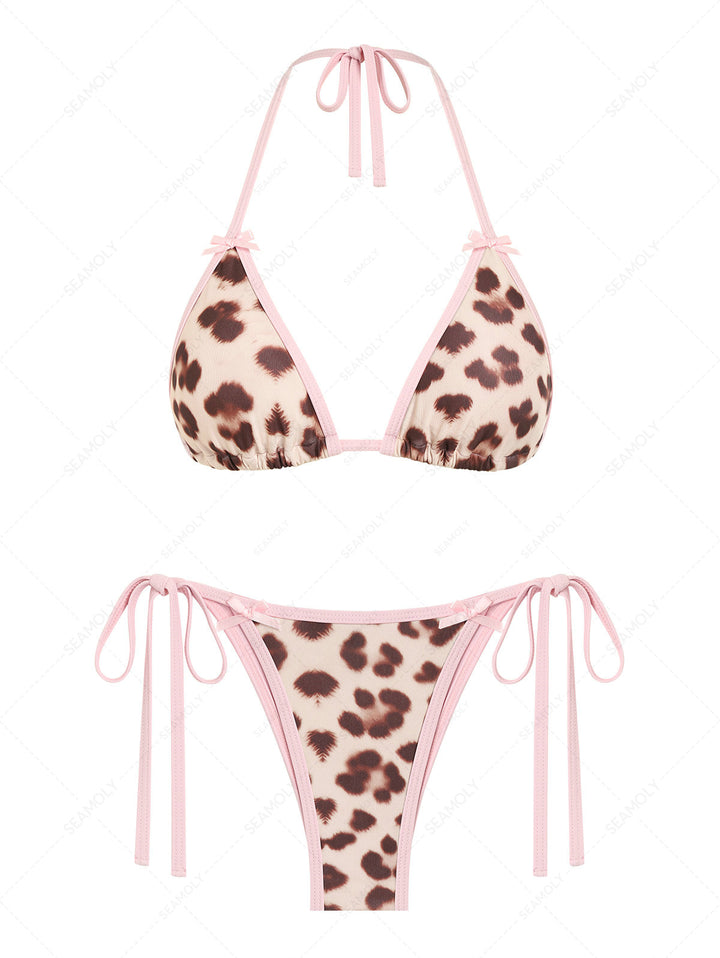 Seamolly Leopard Print Bowknot Contrast Binding String Tanga Bikini Set