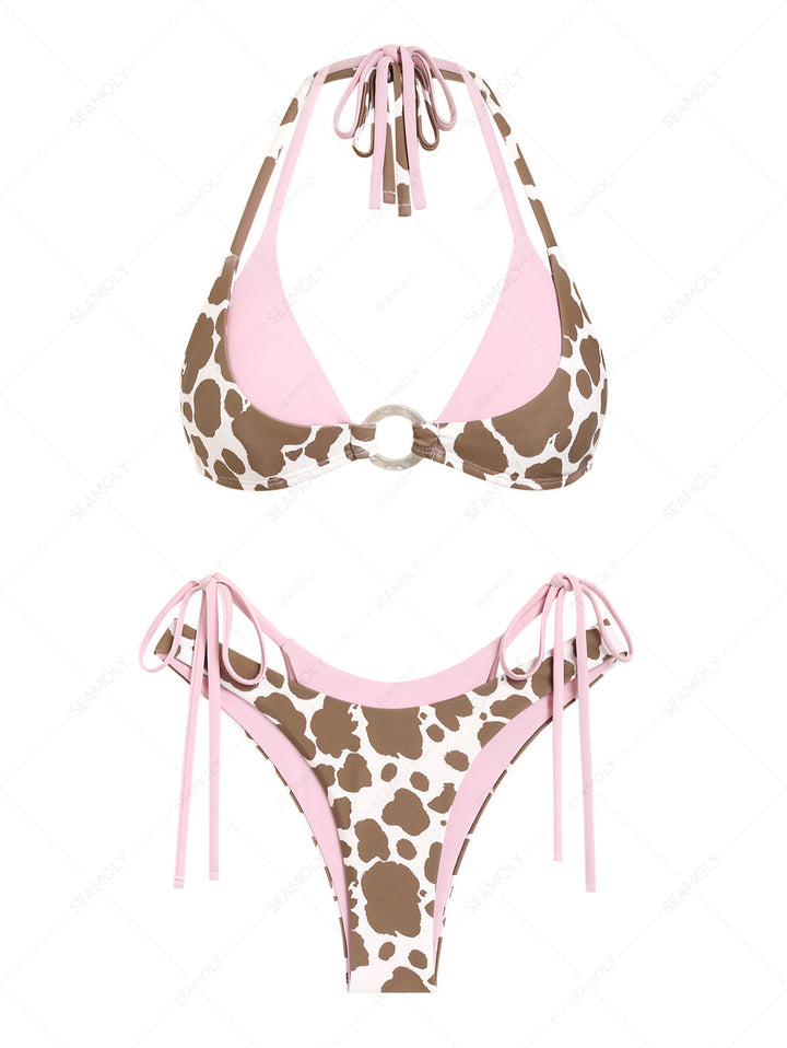 Seamolly Contrast Color Cow Print O Ring Double Layer Bikini Set