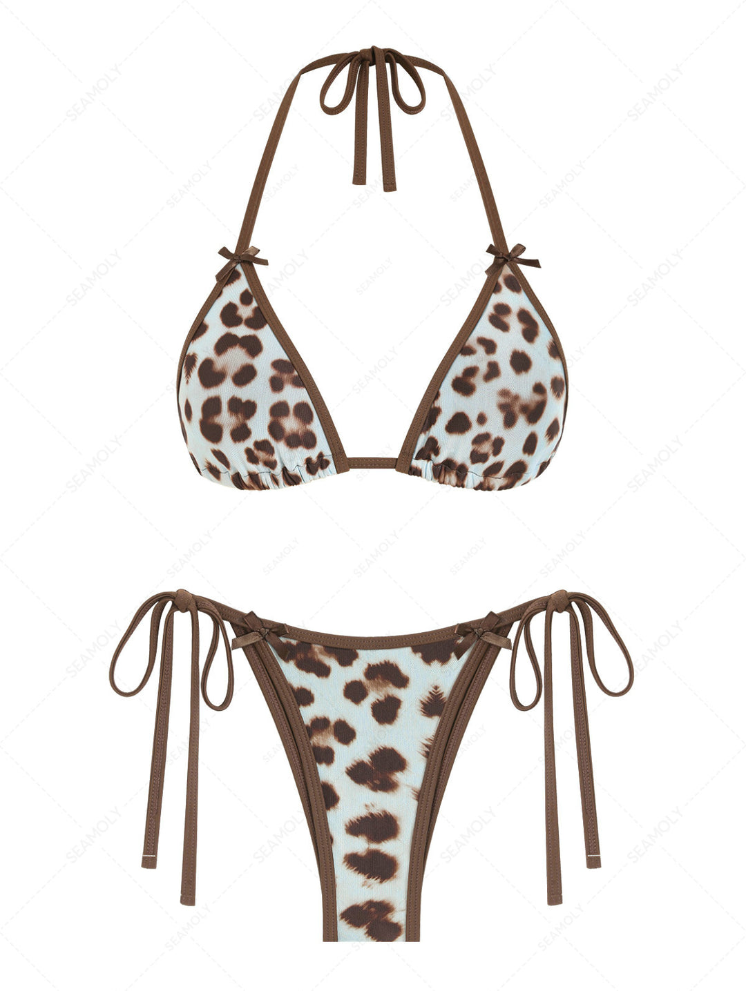 Seamolly 3 Piece Leopard Print Bowknot Contrast Binding Cheeky Boyshort Bikini Set