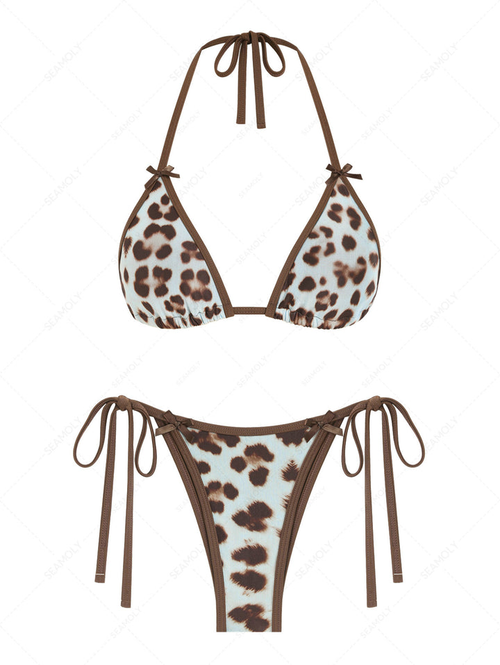 Seamolly 3 Piece Leopard Print Bowknot Contrast Binding Cheeky Boyshort Bikini Set