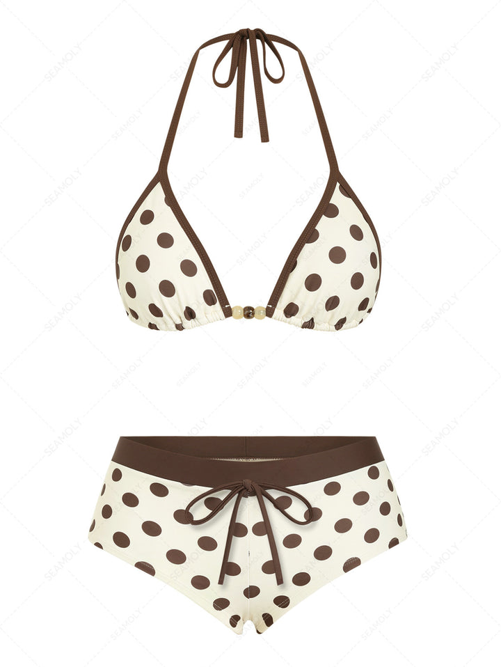 Seamolly Polka Dot Beading Contrast Binding Cheeky Boyshorts Bikini Set