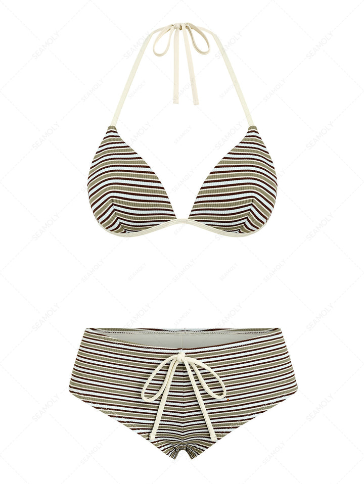Seamolly Y2K Striped Triangle Push Up Top & Cheeky Boyshorts Bikini Set