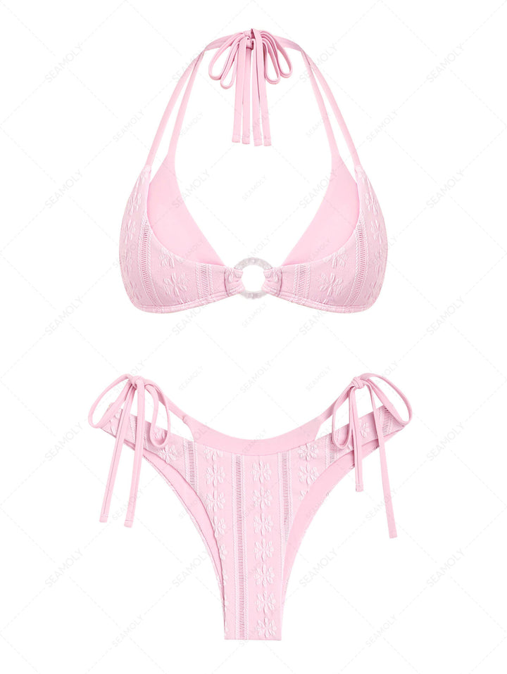Seamolly Light Pink Floral Jacquard Textured O Ring Double Layer Bikini Set