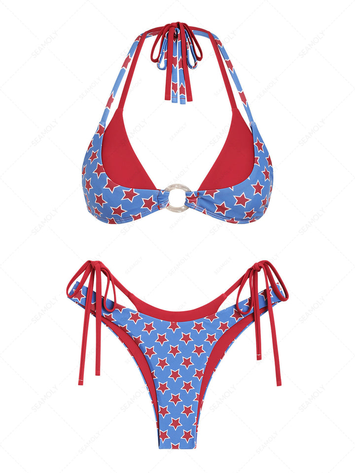 Seamolly 3 Piece Swimsuit - Stars Print O Ring Double Layer Bikini Set for 4th of July & Cover Up Skirt