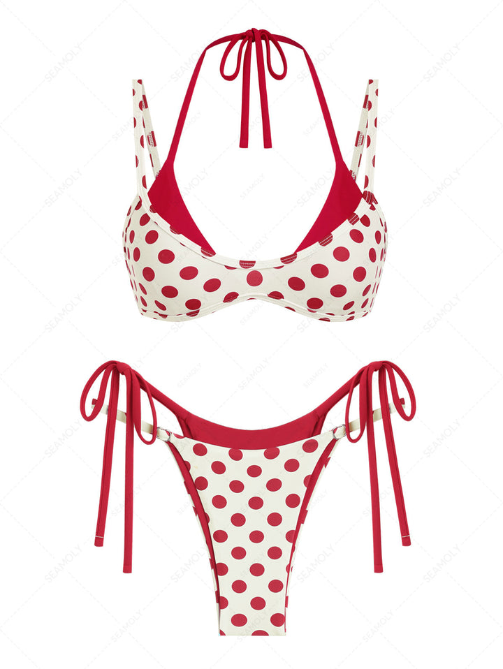 Seamolly Contrast Color Polka Dot Print String Double Layer Bikini Set