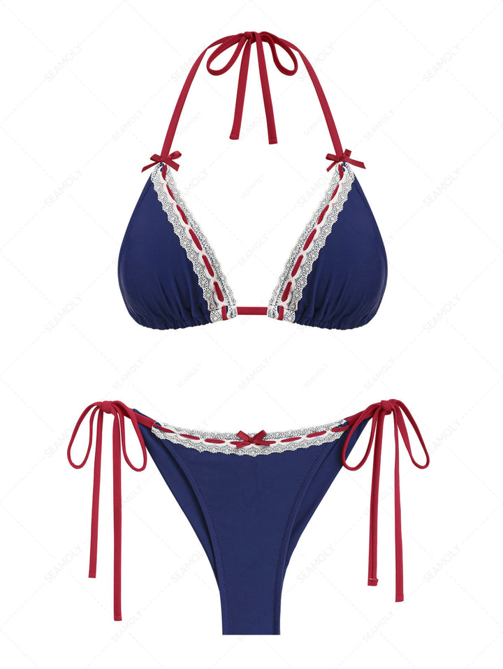 Seamolly  Lace Bowknot Triangle Top & Cheeky Brazilian Bottom Bikini Set for 4th of July