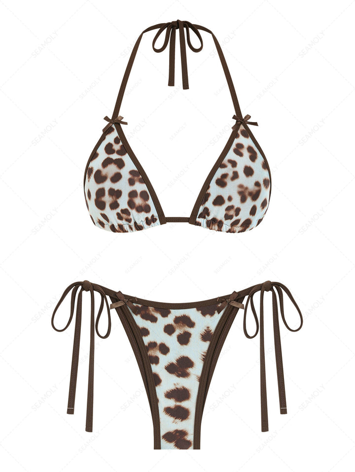 Seamolly 3 Piece Leopard Print Bowknot Contrast Binding Cheeky Boyshort Bikini Set